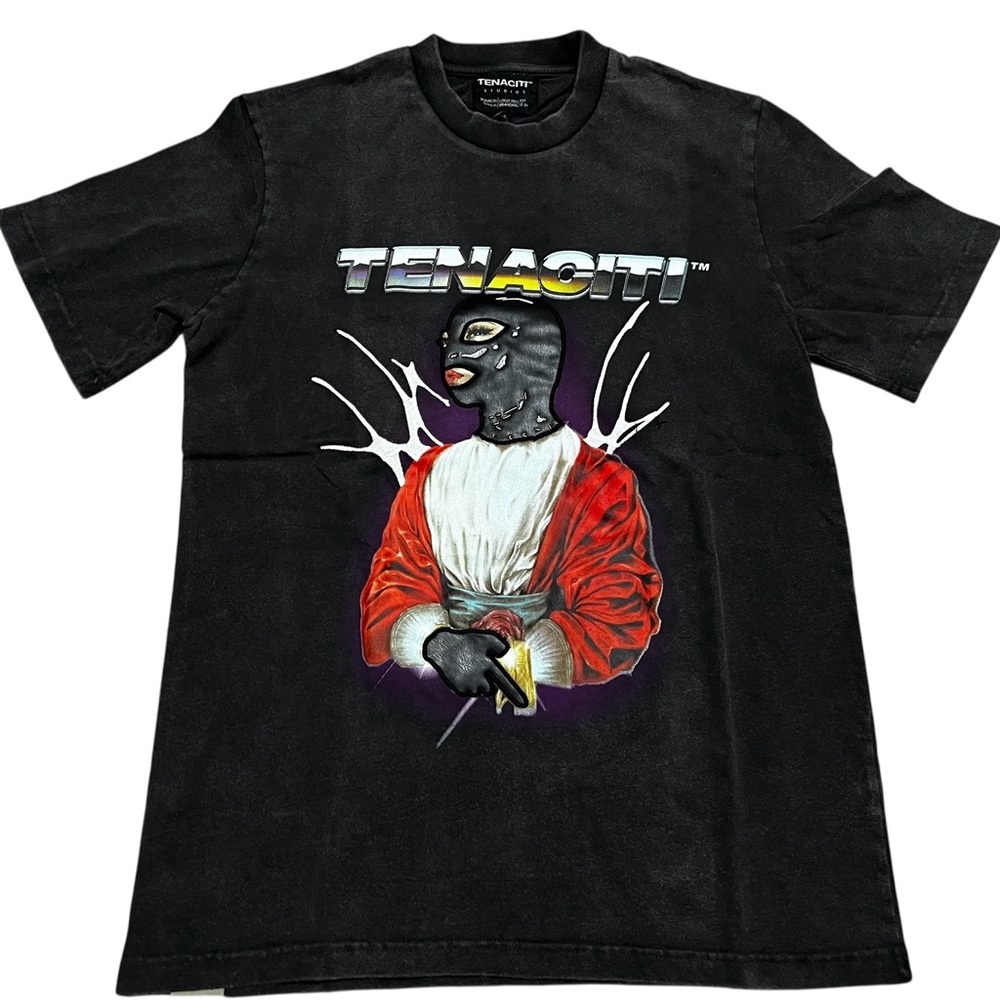 Tenaciti Men's T-shirt Top Faux Leather Face Mask Mona Distressed‎ Black Small